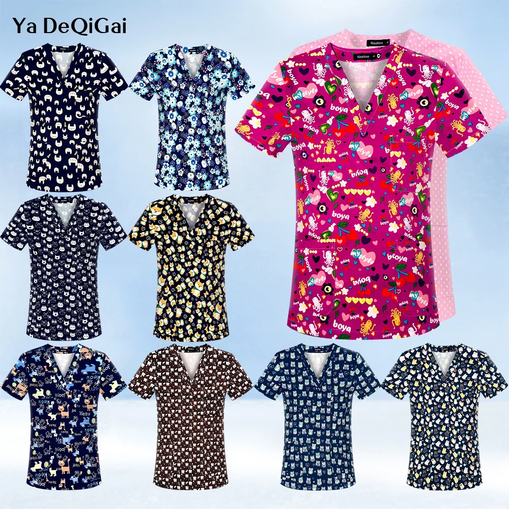 

Nurse Uniform New Print Scrubs Tops Fashion Cartoon Beauty Scrub Clothes Spa Uniform Medical Shirts Lab Uniform Dentist Workwear