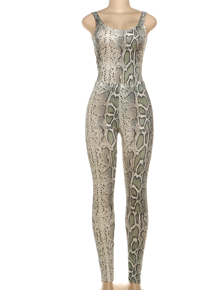 Nibber Serpentine Print 2-Piece Set Woman Low-Neck Bodysuits+Peach Hip Pant Midnight Club Party Stretch Sexy Hipster Overalls