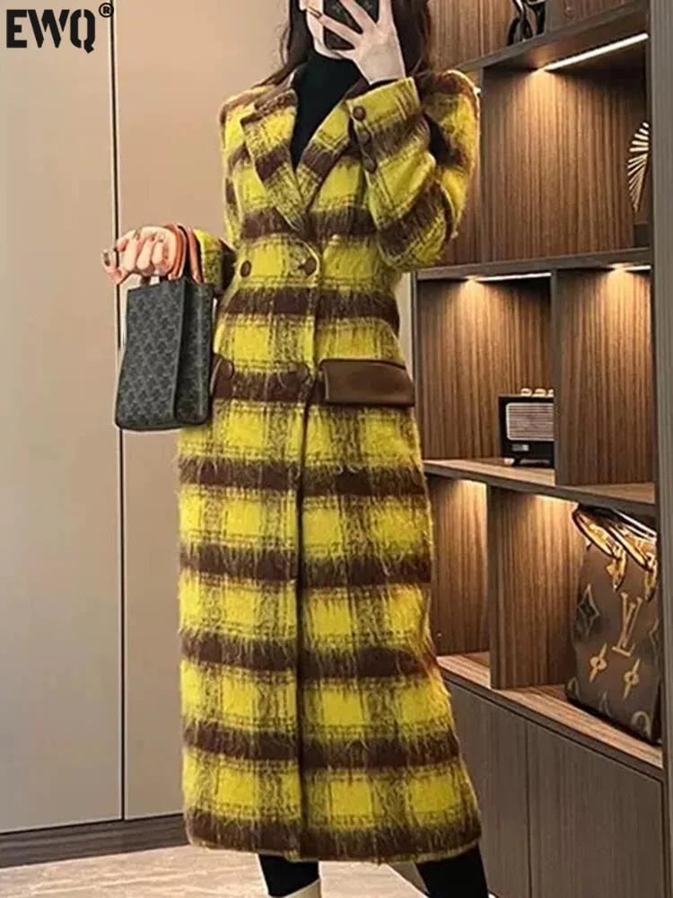 

[EWQ] Vintage Plaid Woolen Coat Women's 2023 Autumn New Slim Waist Medium Length Wool Long Jacket High Quality Outerwear Tide