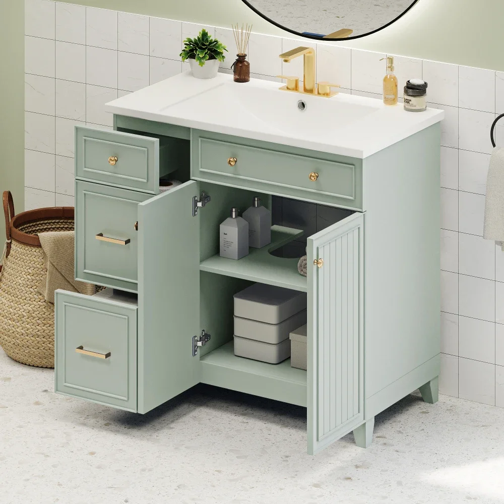 36-inch Bathroom Vanity, Transitional Style Bathroom Cabinet with Resin Sink, Navy Blue Single Bathroom Cabinet, with 2 Drawers 5