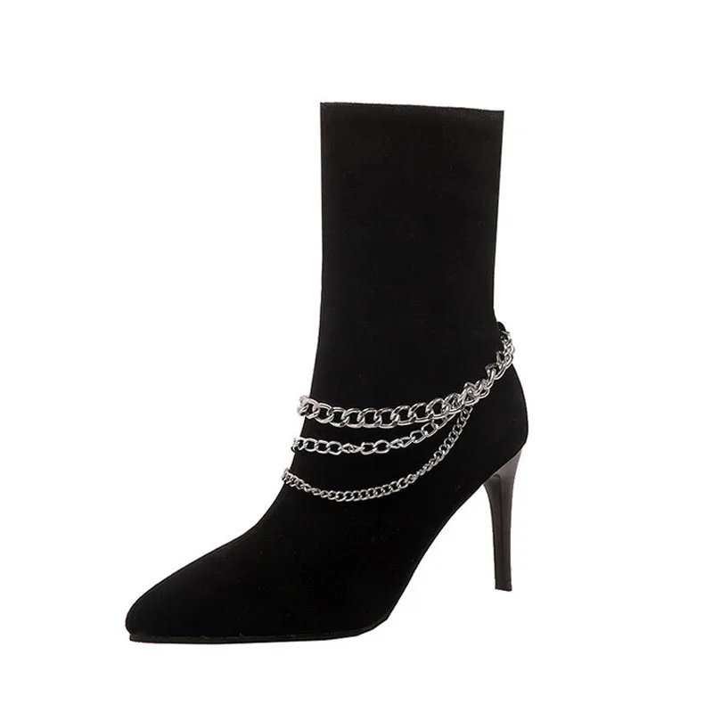 

Осенние женские ботильоны на высоком каблуке-шпильке, дизайнерские замшевые привлекательные женские ботильоны с острым носком и металлической цепочкой, модель WSH4714