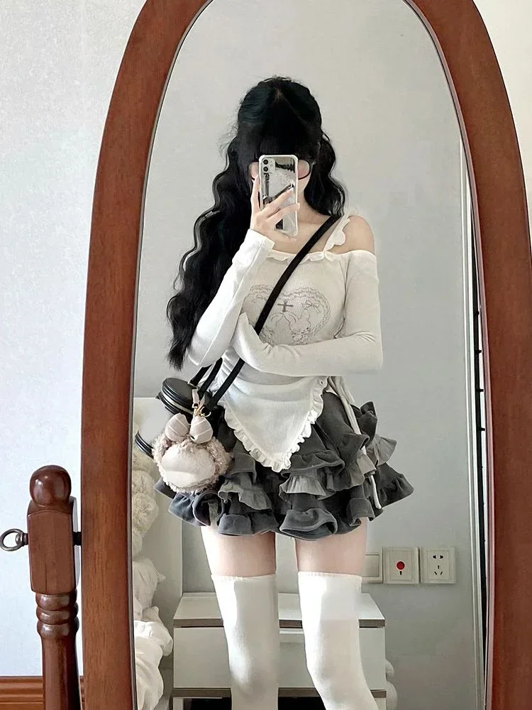 Japanese Style Knit Suits Kawaii Vintage 2 Piece Skirts Set Women Vintage Print Y2k Crop Tops Blouse + Mini Skirts Korean Chic 3
