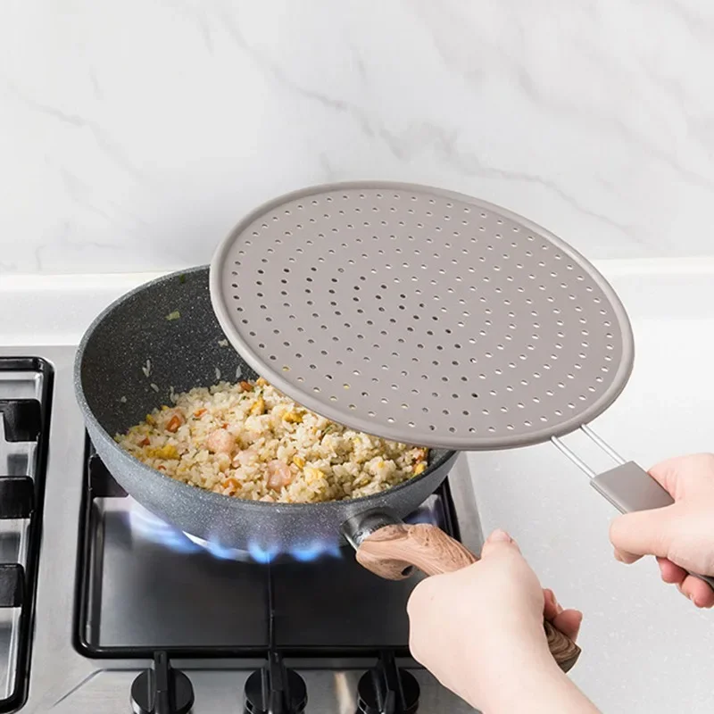 

Silicone Splatter Screen with Handle Heat-resisting Oil Splash Guard Drain Board Cover Kitchen Frying Pan Lid Cooking Tools