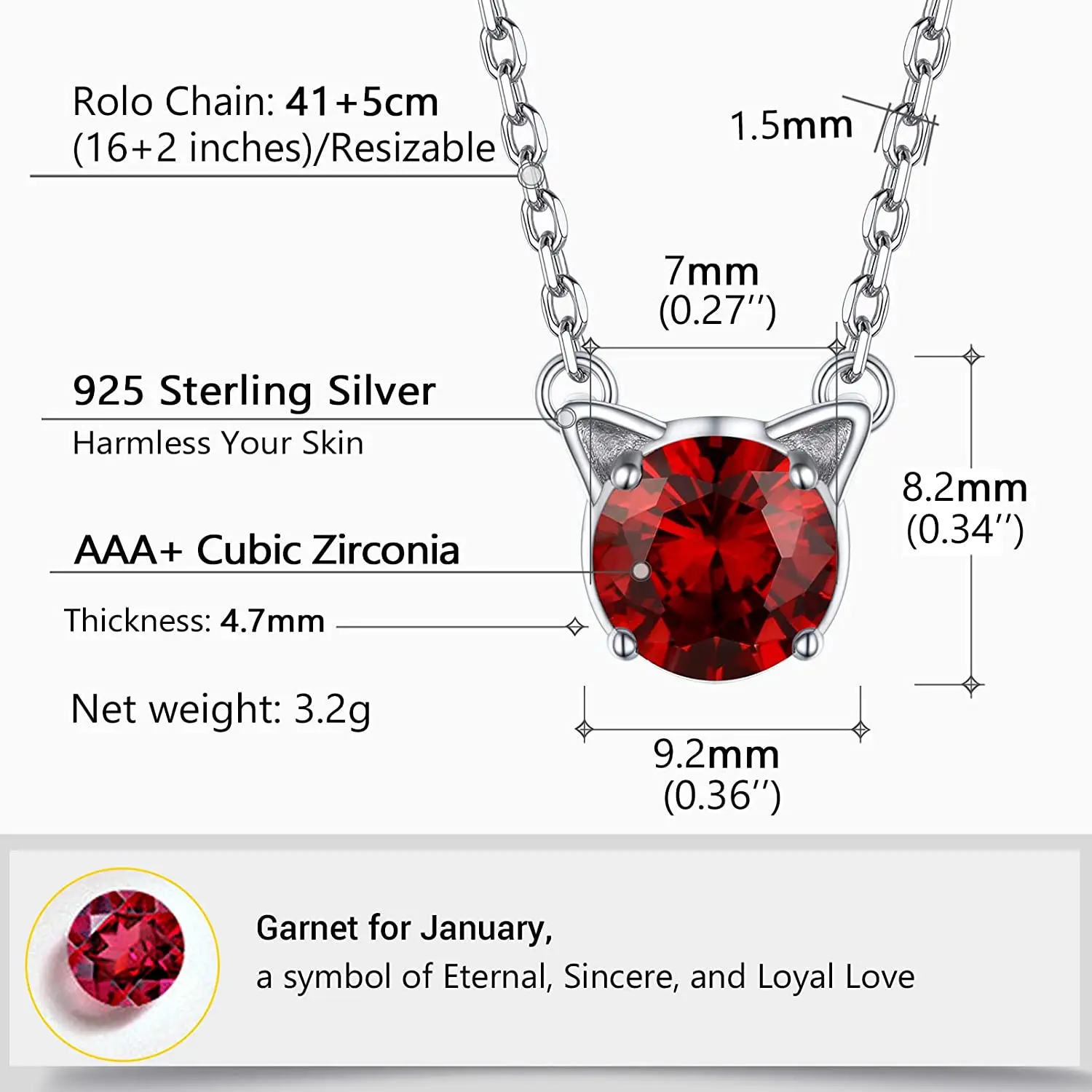 PROSILVER Women Girl Silver 12 Months Birthstone Cat Ear Cute Pendant 925 Sterling Necklace Mother's Valentine Day Gifts P15191B
