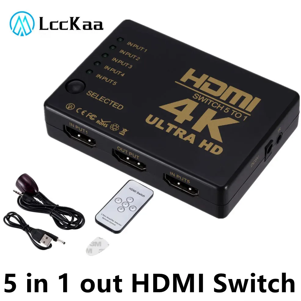 LccKaa 4K HDMI-compatible Switcher HD1080P 5 Port HD Switch Selector Splitter With Hub IR Remote Controller For HDTV DVD TV BOX