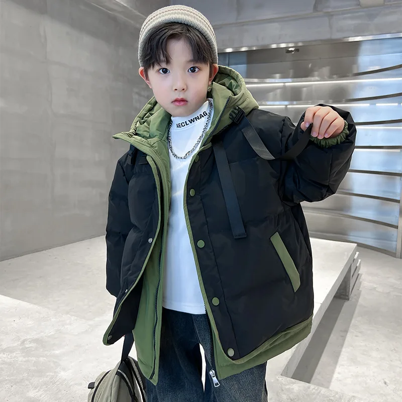 Winter Warm Boys Contrast Patchwork Cotton Lined Hooded Zip Jackets School Kids Thick Coats Children Outfits Windbreaker 5-16 Yr