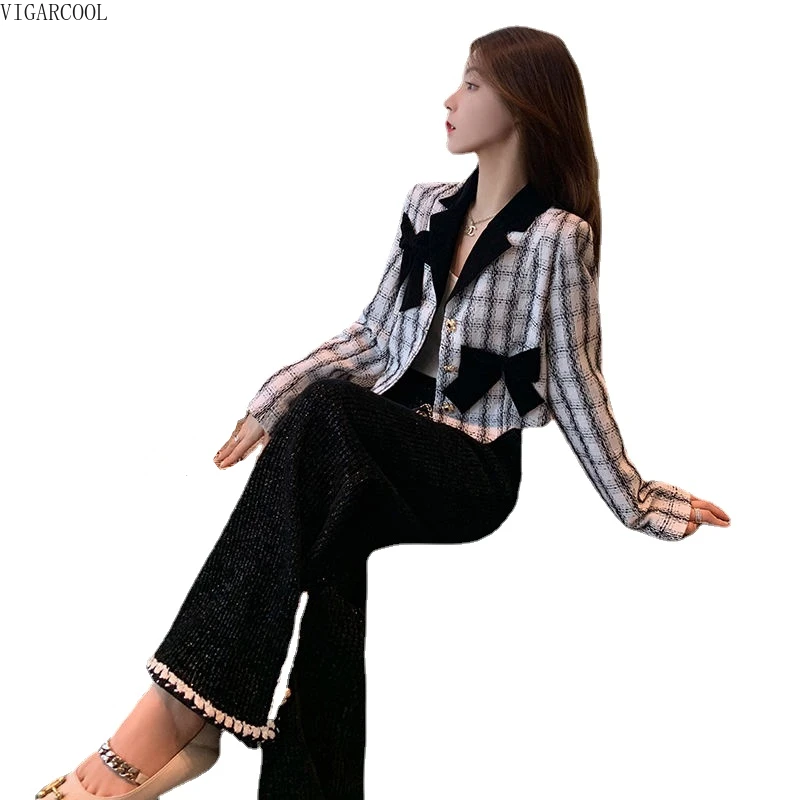 

Fashion Celebrity Set Women's Autumn and Winter 2023 New Fashion Style Versatile Slim Retro Wide Leg Pants Two Piece Set Female