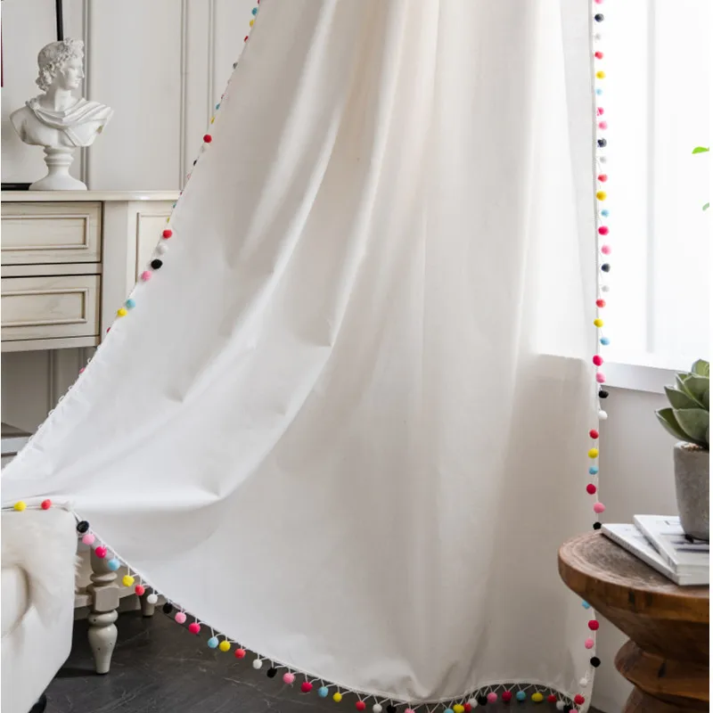 

Solid Cotton Linen Home Window Curtain Colorful Fur Ball Tassels Thick Blackout Drapes Bay Window Curtains for The Living Room