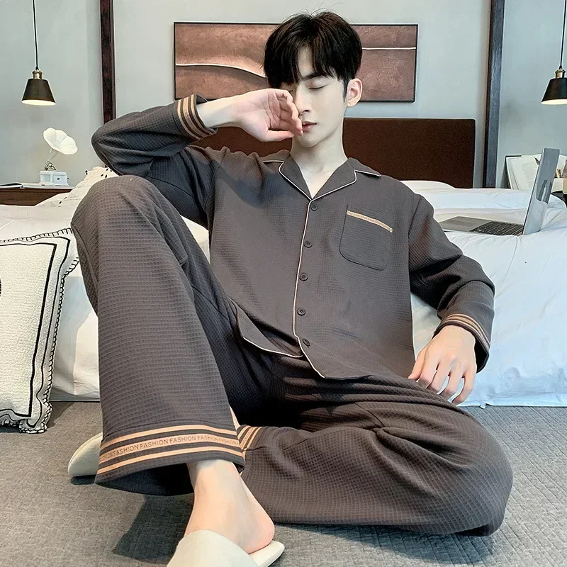 Men's Pajamas Long Sleeve Cardigan Set Simple Loose Sleepwear Plus Size  Loungewear in Spring Autumn and Winter