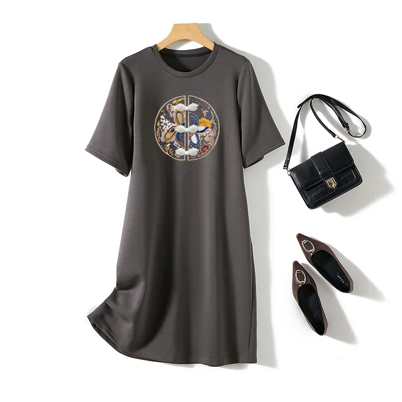 Women Chinese Style Printed Dresses Summer New O-neck Cotton Casual Fashion Basic Tunics 2