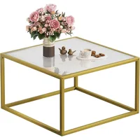 Modern Glass Coffee Table,Small Squre Coffee Tables for Unique Art Center Tables with Gold Metal Frame, Easy Assembly 1