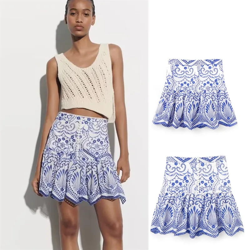 

New Women Fashion Blue Flower Embroidery Pleat Ruffles Mini Skirt Faldas Mujer Female Chic Side Zipper Vestidoss