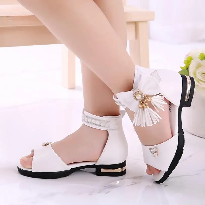 Kids Bow Sandals Children Girls Summer Cute Sandals Beach Sandals 2021 Princess Fashion High Heels Tassel School Shoes 3