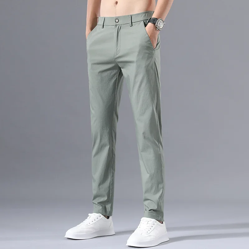 Spring and Autumn Men's Elastic Elastic Button Zipper Straight Solid Color Long Slim Fashion Elegant Casual Commuter Pants
