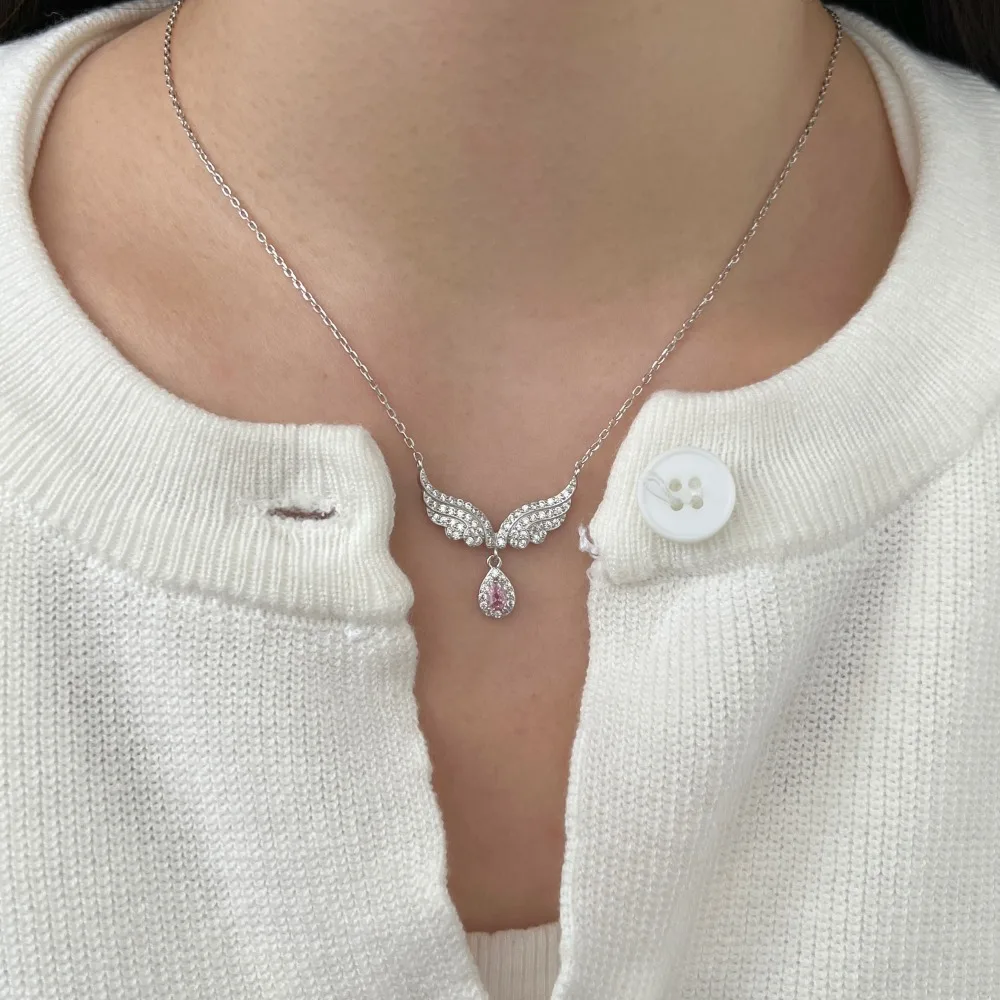 XUYUANFEN Cross Border New S925 Sterling Silver Necklace Women's Full Zircon Set Wings Droplet Pendant Luxury Wedding