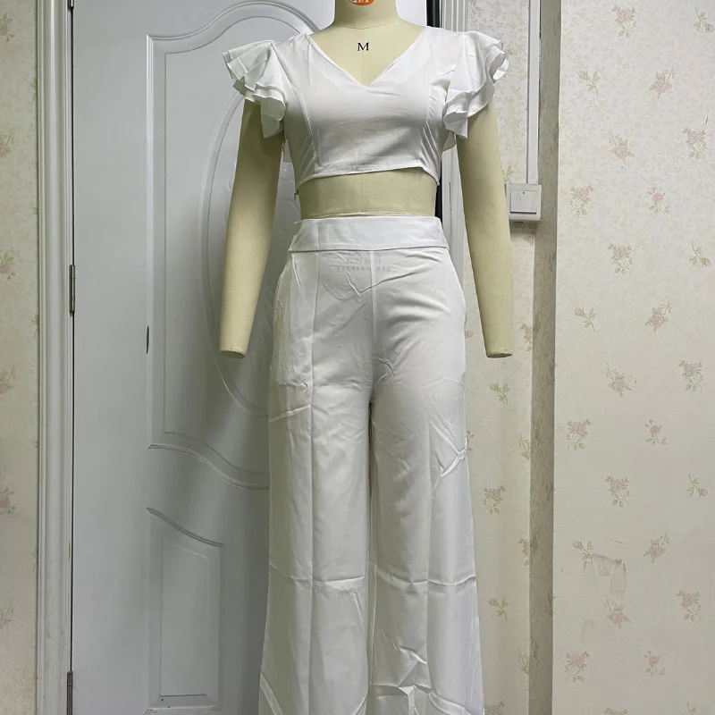 Ellafads Women's Two Piece Set Butterfly Sleeve Solid Color Two-Piece Set Sexy V-Neck Top Wide Leg Pant