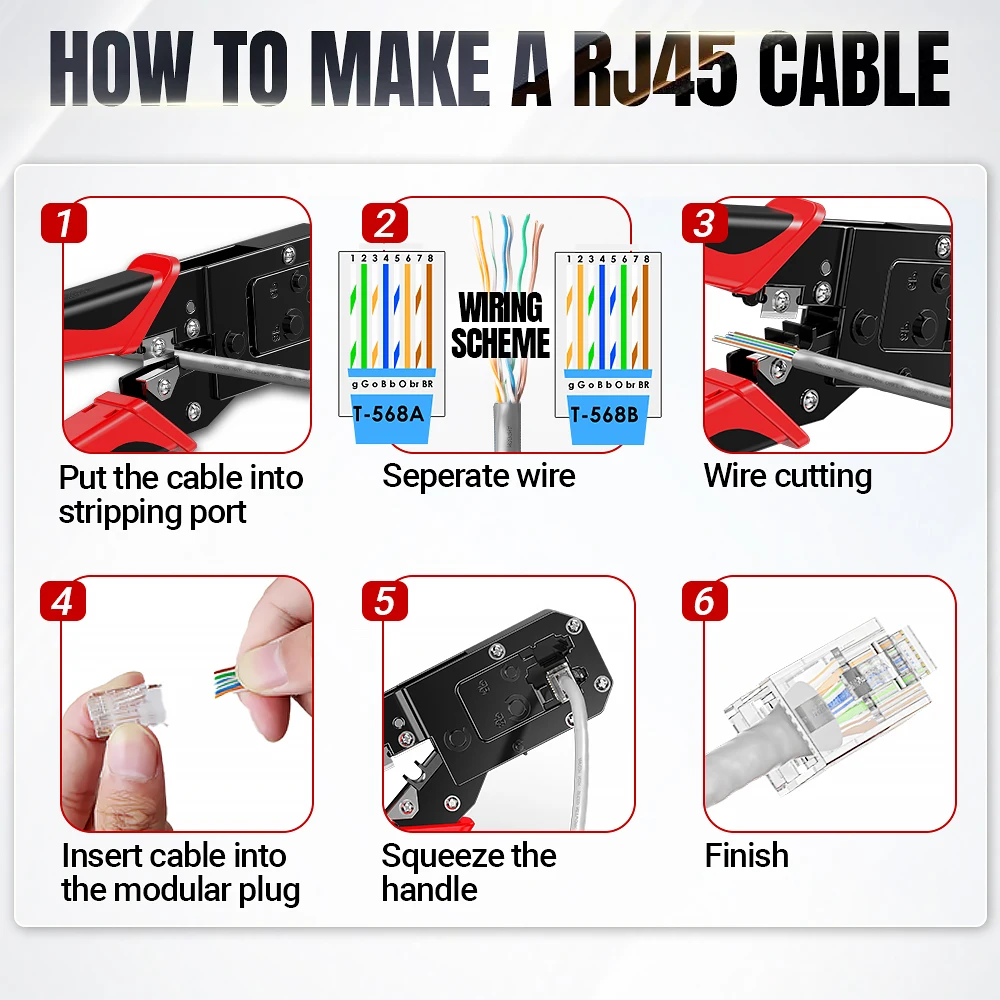AMPCOM RJ45 압착 도구 이더넷 네트워크 LAN 케이블 크림퍼 커터 스트리퍼 플라이어 8P RJ45 6P RJ12 RJ11 모듈형 커넥터용