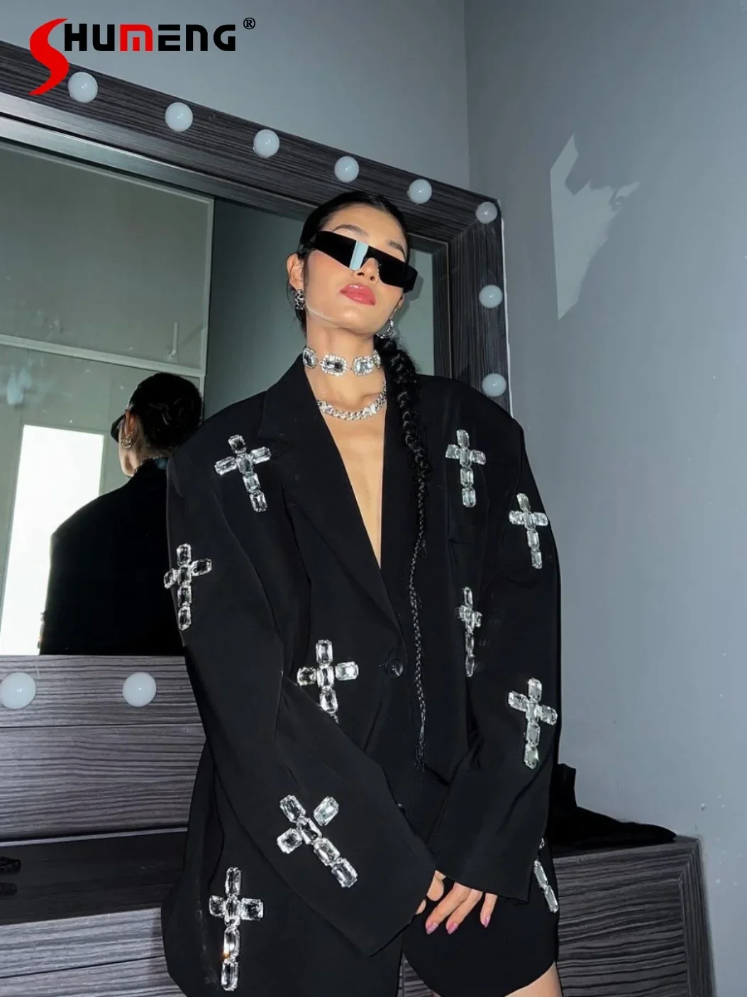 European Crystal Rhinestone Beaded Black Blazer Female 2023 Autumn New Loose Women Suit Collar Long Sleeve Mid-length Suit Coat