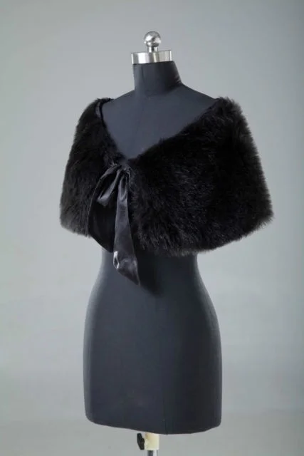 Black Faux Fur Bridal shrug Wedding Cape Coat Shawl Party Ribbon Bow Wrap Stloe Bolero wedding shawl lace bolero jacket
