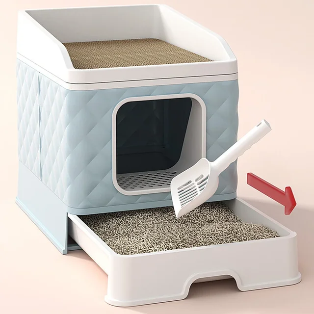 Foldable Fully Enclosed Cat Litter Box with Drawer Type Tray Pet Supplies Extra Large Anti-Splashing Cat Toilet with Scratch Pad 3