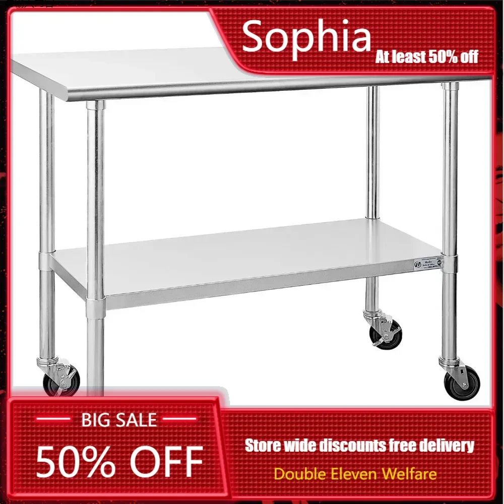 Stainless Steel Table for Prep & Work 24 X 48 Inches with Caster Wheels, with Undershelf and Galvanized Legs for Restaurant