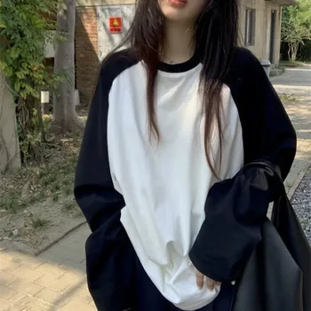 Casual Oversized T Shirt Y2k Tops Harajuku Long Sleeve O-Neck T-Shirts Spring Autumn Black White Patchwork Tees Women Streetwear 1