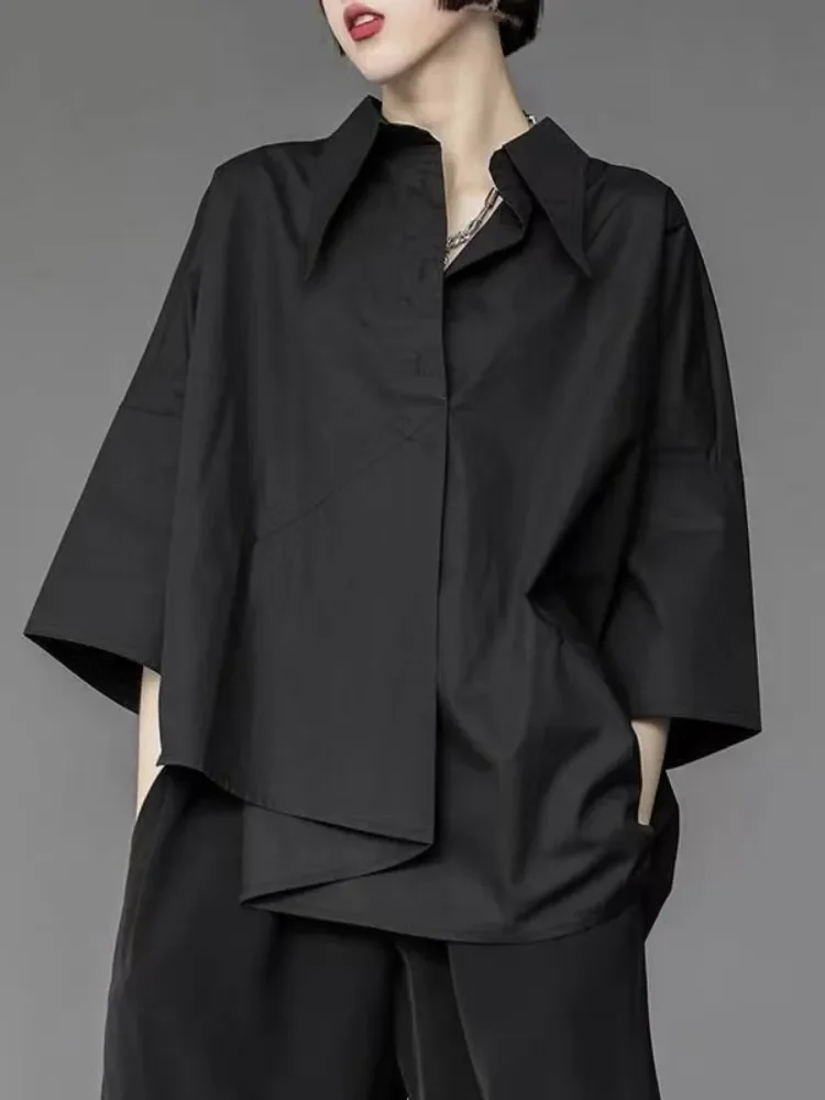 

New Summer Black Shirts Loose Unique Short-sleeved Women Irregular Three-quarter Sleeve Handsome Unisex White Blouse Women Tops