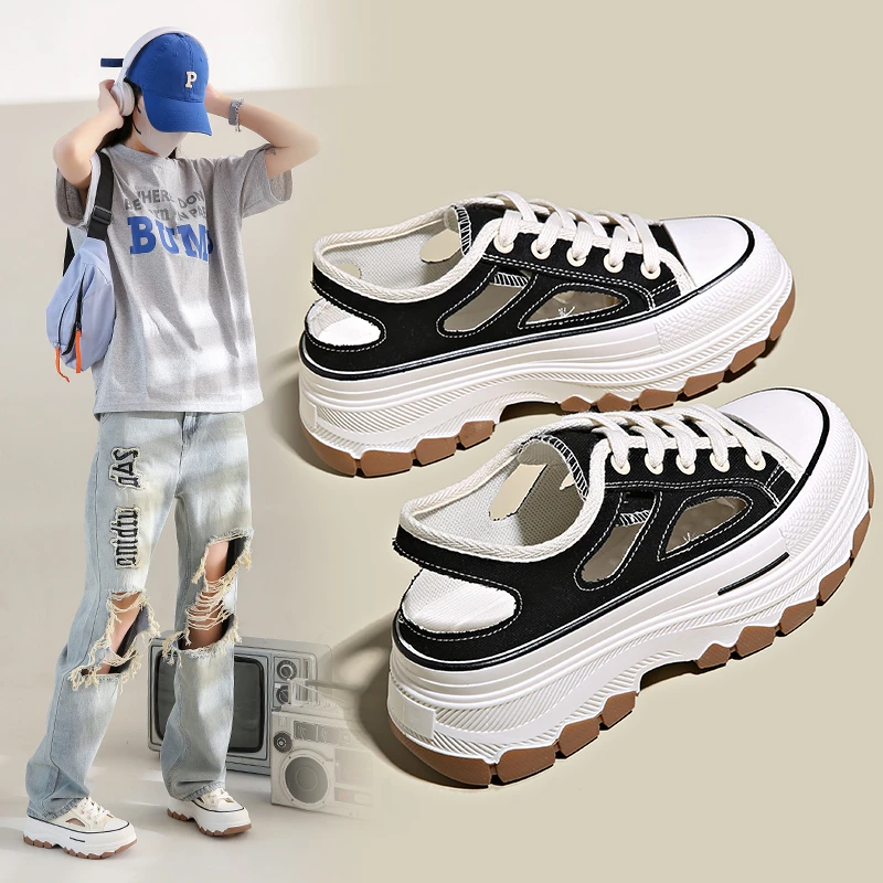 

New 2023 Summer Breathable Canvas Shoes Women Platform Sneakers Ladies Sneakers Hollow out Chunky Shoes Casual Mujer