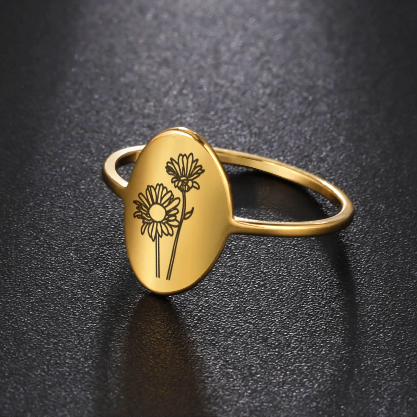 Skyrim 12 Montths Birth Flower Anelli Con Sigillo Ovale Donna Acciaio Inossidabile Daisy Violet Finger Ring Gioielli Estetici Regalo Di Compleanno