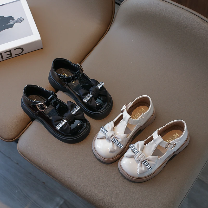 Girl Leather Shoes Diamante Bowtie T-strap Flat Shoes Chunky Autumn Hook-loop 26-36