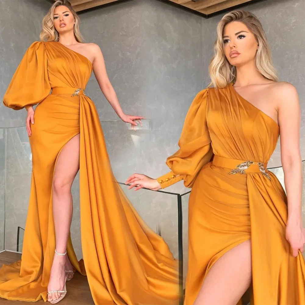 

Sexy One-Shoulder Gold Mermaid Prom Party Gown Long Sleeve Floor-Length Sweep Train Applique Sequins Satin long Split Backless