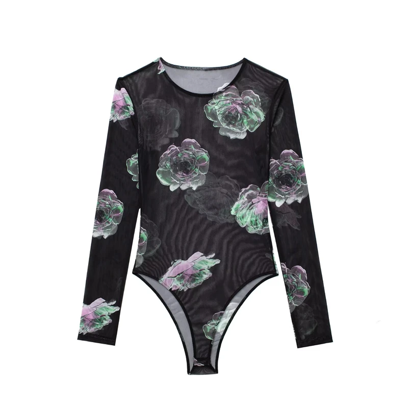 

Women's New Round Neck Long Sleeves Slim Tulle Fashion Floral Print Onesies Sexy Translucent One-Piece Sunscreen Clothing