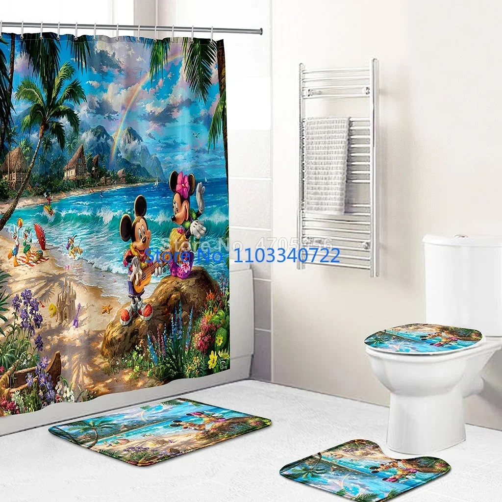 

Pink Cute Minnie Mickey Mouse Print Shower Curtain Set 4pcs with Hooks Cartoon Decor Waterproof Bathroom Toilet Mat Lid