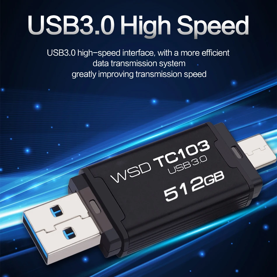 WANSENDA USB Flash Drive 128GB 2-IN-1 USB 3.0 + TYPE-C Pendrive 32GB 64GB  Dual Type C Memory Stick 256GB 512GB Thumbdrive