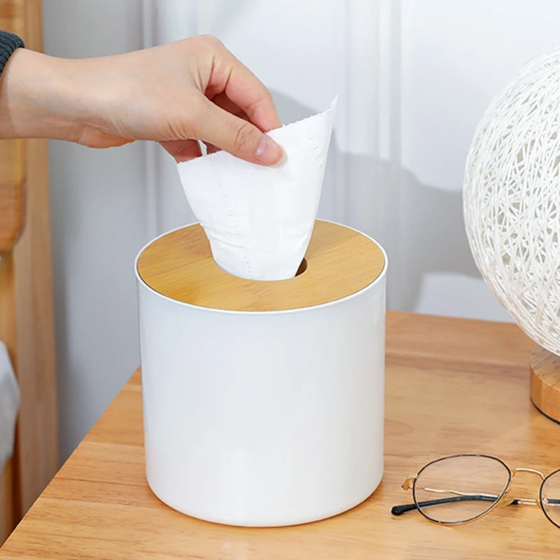 Toilet Paper Box Wooden Cover Round Tissue Box Solid Color Napkin Holder Case Simple Stylish Home Car Tissue Paper Dispenser