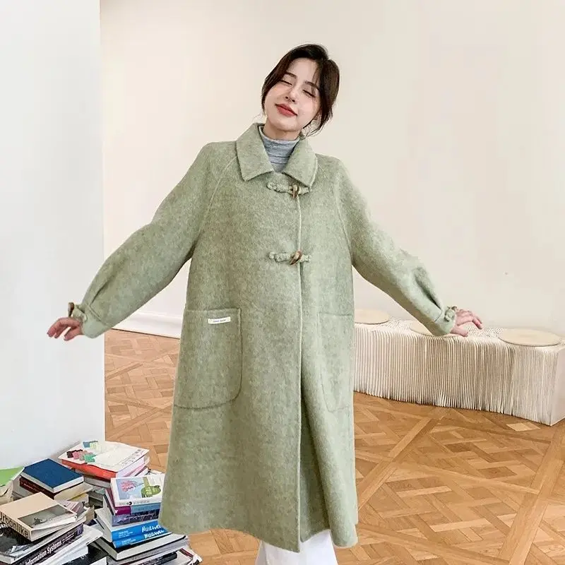Women's Thick Double-Sided Cashmere Coat with Horn Button, Loose Long Outwear, Female Temperature Woolen Coat, Autumn, Winter