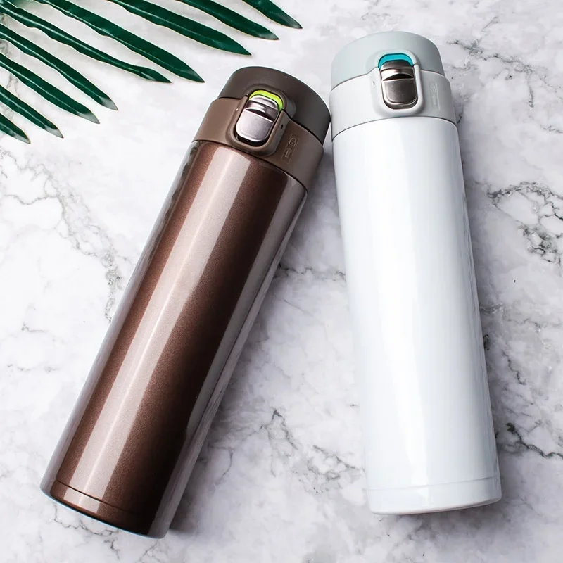 500ml Stainless Steel Bouncing Cover Vacuum Flask Thermos Cup for Coffee, Tea, and Milk Insulated water bottles Practical Beach Essentials