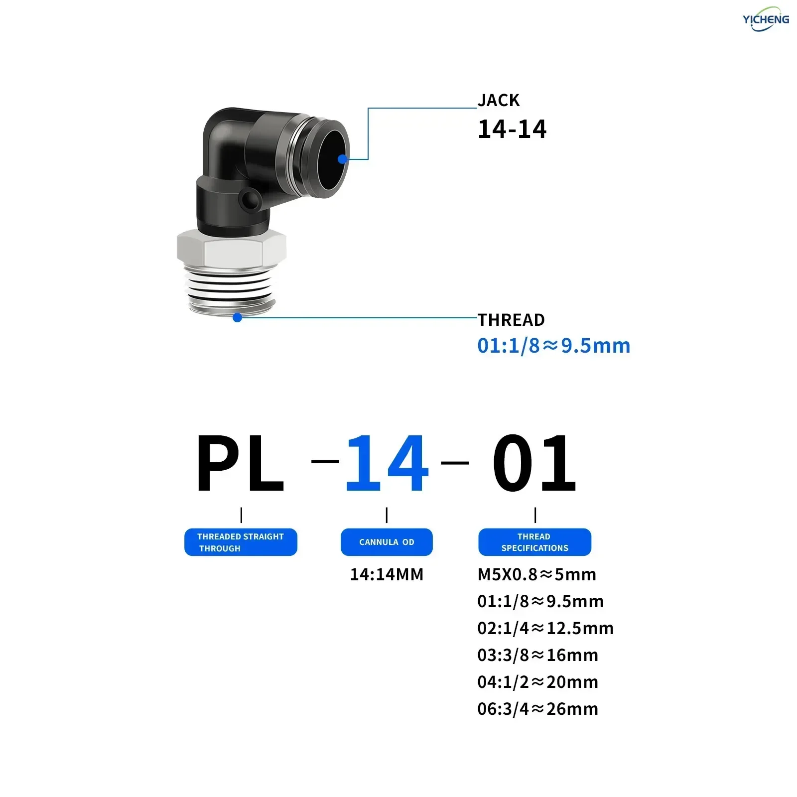 PNEUMATISCHER Außengewinde, 14 mm Rohr-Außendurchmesser, BSP-Gewindespezifikation 1/4 Zoll, 3/8 Zoll, 1/2 Zoll, 90 cm ° Push-to-Connect-Fitting (10er-Pack)