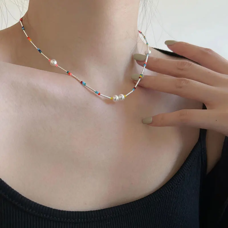 

Silvology 925 Sterling Silver Rainbow Pearl Choker Necklace for Women Colorful Beaded Clavicle Necklace Luxury Fine Jewelry Gift