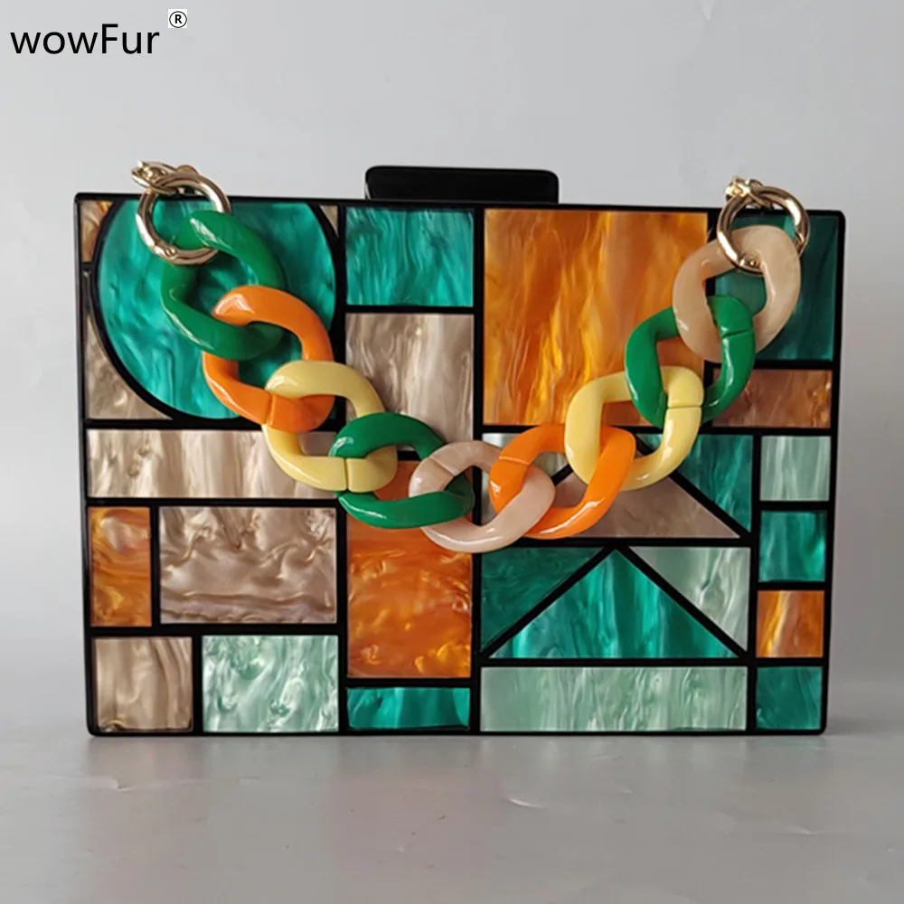 

Geometric Chic Box Bags Women Mini Handbag Trendy Patchwork Acrylic Evening Bag Lady Party Prom Wedding Summer Girl Clutch Purse