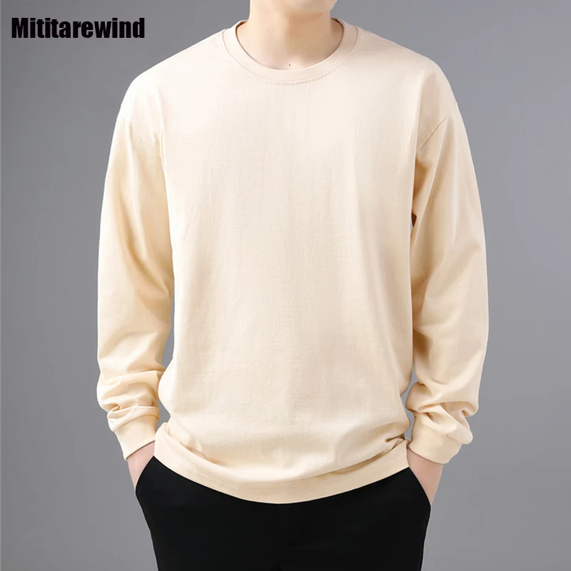 

Свободные футболки с длинным рукавом для мужчин, Повседневная рубашка, Однотонная футболка с круглым вырезом, удобный топ из чистого хлопка