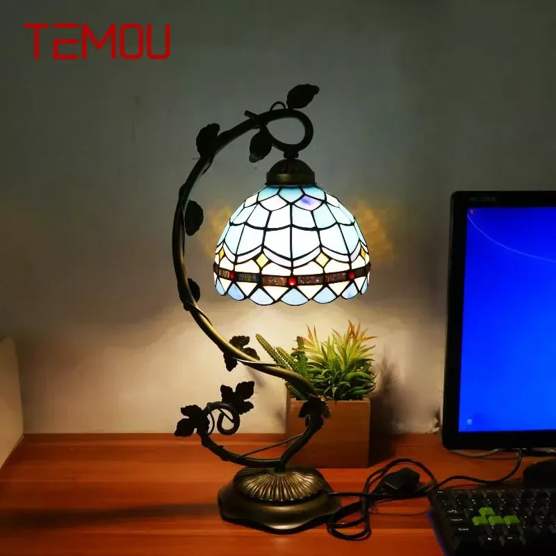 

TEMOU Tiffany Table Lamp American Retro Living Room Bedroom Lamp Luxurious Villa Hotel Stained Glass Desk Lamp