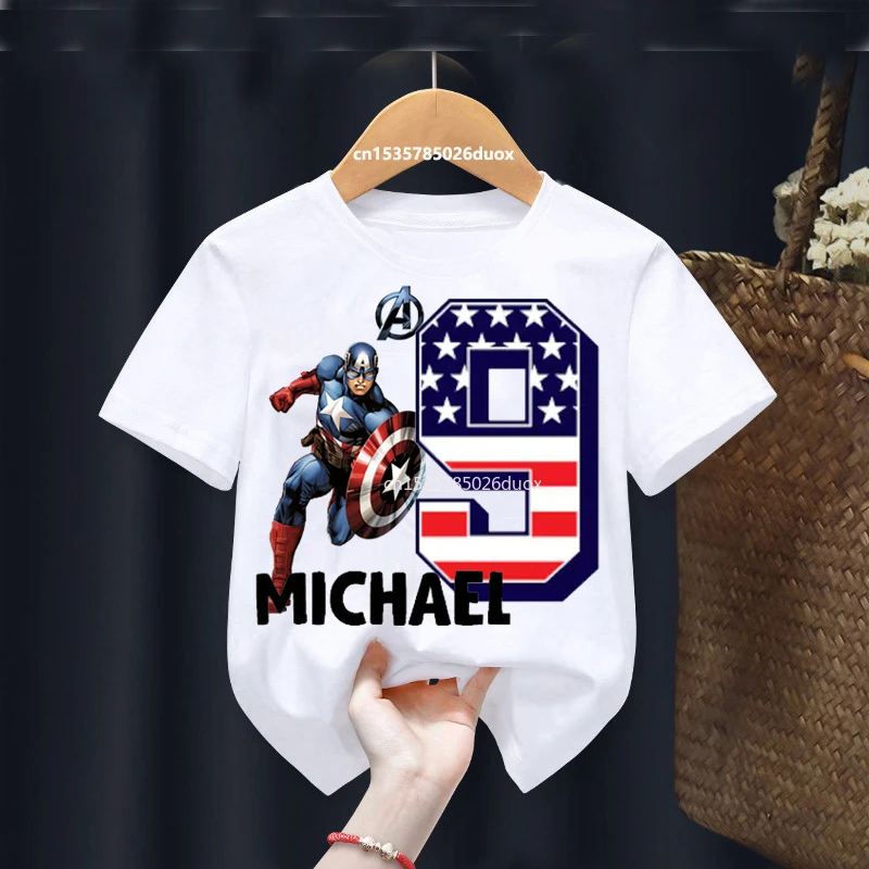 Summer 2024 Captain America Birthday Personalize Name Boy Shirt 2 3 4 5 6 7 8 9 Marvel Birthday Girl White Short Sleeve T-Shirt 3