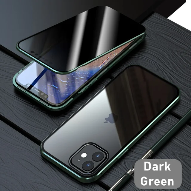 Tongdaytech Privacy Magnetic Case For Iphone XS 13 12 11 Pro MAX XR 6 7 8 Plus Magnet Metal Tempered Glass 360 Protective Cover Dark Green
