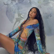 

Aesthetic Tie Printed Sheer Mesh Mini Dress Y2k Sexy Cut Out Long Sleeve Bodycon Dress Clubwear 2021 Summer