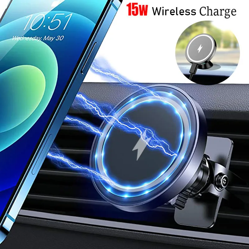 

Magnetic Car Phone Mount Magsafe Macsafe Phone Holder Air Outlet Support with 15W Wireless Charger for iPhone 12/13/14