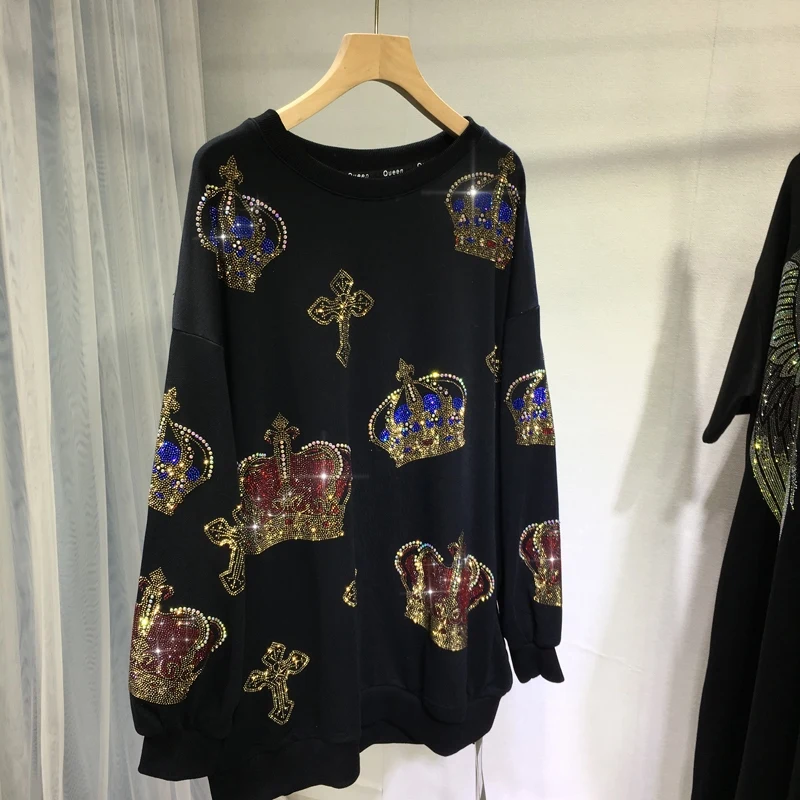 

Luxury Blingbling Crown Hot Drilling Women Sweatshirt 2023 New Spring Autumn Long Sleeve Pullover Top Round Neck Black Hoodies