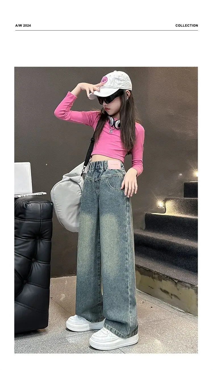 بنطلون جينز واسع الساق للفتيات لفصلي الربيع والخريف، خصر مرتفع، سروال طويل، ملابس أطفال، بنطلون دنيم للأطفال، نمط الزي المدرسي