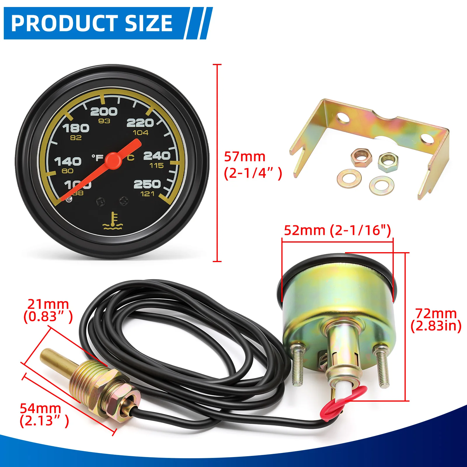 2인치 52mm 기계식 수온계 38-121 ℃   100-250 ℉   듀얼 섭씨 12V 자동차 게이지(NPT 1/2-14 센서 포함) - 자동차, 선박, 트럭용