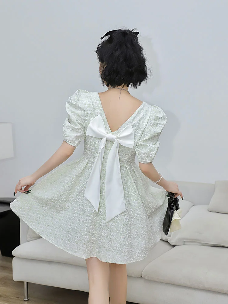 

V Neck Puff Sleeve Dress Women's 2022 Summer New Bow Knot Thin Floral Cute Dresses Female Fashion Clothing G475